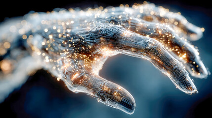 Poster - Futuristic robotic hand with glowing circuitry and sparks illuminating the fingers