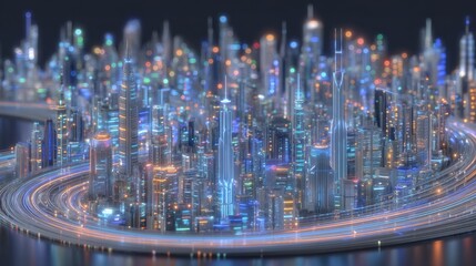Poster - In the digital technology metaverse, a mesmerizing neon blue and green background serves as the foundation for a complex array of cyber information, abstract speed, interconnected communication, and