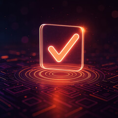 Poster - Glowing checkmark icon symbolizes approval and success, set against vibrant, abstract background. design evokes sense of positivity