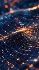 Aufkleber - Abstract Digital Landscape with Glowing Orange Data Streams on a Dark Blue Surface