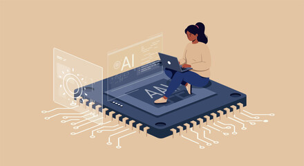 Poster - Female programer working on ai technology with laptop and circuit illustration