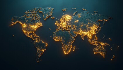 Poster - Luminous Earth Map Against A Dark Background: An Illuminated Representation Of The World With Striking Visuals On A Black Canvas.