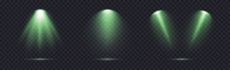 Wall Mural - magic spotlight with green glow and sparkle glitter isolated on dark background with reflection on f