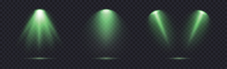 Wall Mural - magic spotlight with green glow isolated on dark background with reflection on floor. light sources 