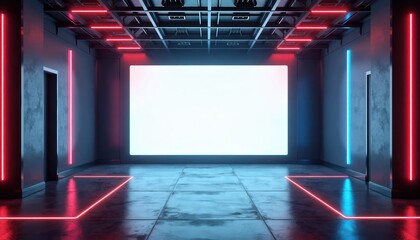 Poster - Futuristic digital room with neon lights and blank screen space  