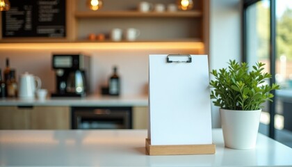 Poster - Blank clipboard with potted plant on table in modern cafe  