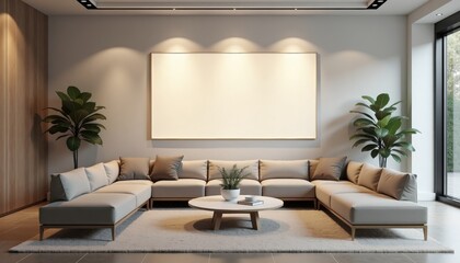 Poster - Modern living room with sectional sofa and plants by large windows  