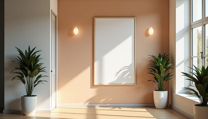 Poster - Modern living room with blank wall and potted plants in daylight  