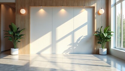 Poster - Modern interior with plants and wall panels in bright sunlight  