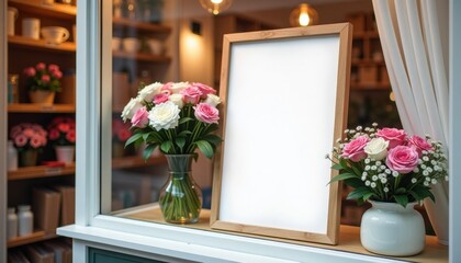 Poster - Floral arrangement with blank framed canvas on display in shop window  