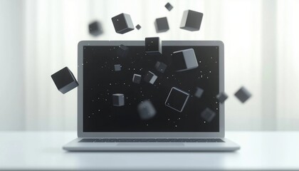 Poster - 3d Cubes Emerging From Computer Laptop Screen - A Visually Stunning Display Of Cubes Bursting Out Of A Laptop Screen In Three-Dimensional Form.