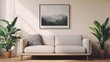 © dany - Minimalist living room with a framed landscape print and plants
