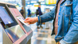 © shan - Passenger scanning boarding pass at airport self check-in kiosk, modern air travel technology, automated check-in process for flight departure, digital boarding pass scanning concept.