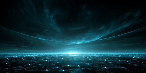 Fototapete - Abstract teal network landscape, glowing nodes and lines against dark sky, suggesting connection, technology, or digital world