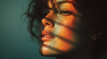 Poster - A female model showcases her artistic flair with vibrant streaks of color reflecting on her face. The soft afternoon light enhances her features and mood, creating an ethereal atmosphere