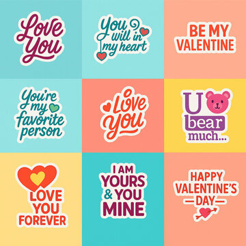 A colorful vector-style illustration featuring a grid of Valentine’s Day-themed typography stickers.