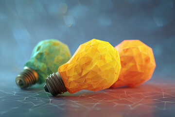 Fototapete - Three low-poly lightbulbs, yellow, orange, and teal, rest on a geometric surface, symbolizing creativity, innovation, and ideas.  Showcase for concepts