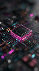 Fototapete - Close-up of illuminated circuit board, showcasing a central processor unit, neon pink and teal accents, representing technological advancement and innovation