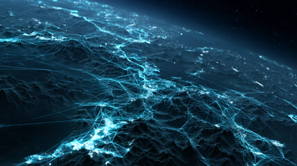 Fototapete - Abstract image depicting a mountainous terrain illuminated by a network of glowing blue lines, symbolizing global connectivity and technological advancement