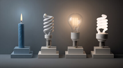 Poster - four light sources on pedestalsâ€”candle, cfl, incandescent, ledâ€”showcasing evolution of lighting 