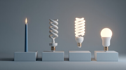 Poster - evolution of lighting: candle, cfl, led bulbs on cubes, showcasing technological advancement in illu