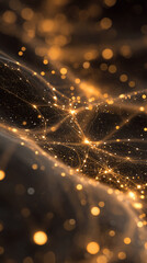 Poster - Abstract image of glowing golden particles and lines on dark background, creating a dynamic network effect, symbolizing connection, innovation, or technology