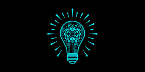 Poster - cyan lightbulb graphic with circuit board and gear design, symbolizing innovation, technology, and c