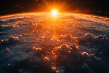 Wall Mural - Sunrise above the clouds as seen from space showcases vibrant colors and dramatic lighting, capturing the beauty of Earth