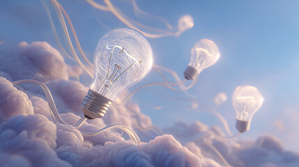 Poster - glass lightbulbs float on clouds, connected by thin wires, symbolizing ideas and innovation, perfect