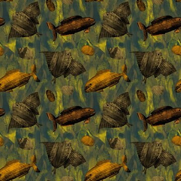 Unique seamless fish pattern with rough texture.