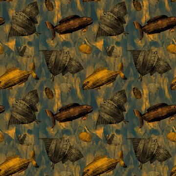 Unique seamless fish pattern with rough texture.
