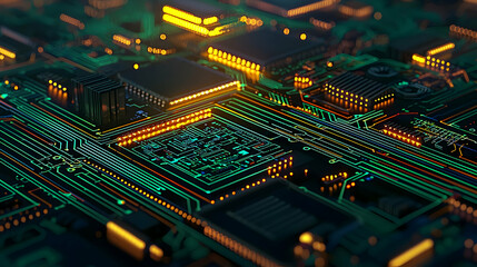 Poster - Complex Circuit Board With Glowing Connections