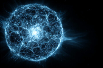 Poster - Blue glowing sphere, intricate energy network, dark background, abstract cosmic concept, representing power, universe, mystery, technology