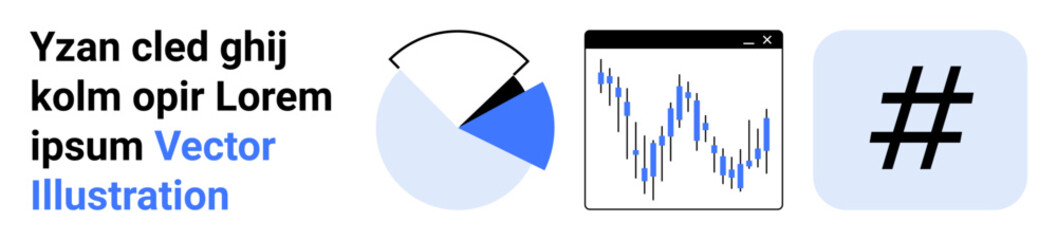 Poster - pie chart slice, data line graph in window, metadata tag, and text block for analytics, statistics, 