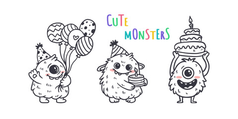 Wall Mural - monsters isolated on white background for coloring pages, magazines. Alien, cartoon character. Monster with cake, with balloons for birthday cards. Sketch, doodle. Vector