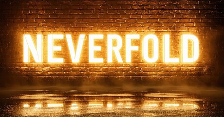 Poster - Brick wall displays bright neon sign reading NEVERFOLD. Wet pavement reflects light, creating dramatic effect. Dark atmosphere.