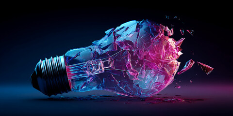 Poster - Shattered glass lightbulb, pink and blue neon light, dark background, symbolizes broken idea, failure, or innovation disruption