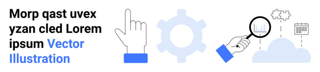Poster - hand clicking, gear symbol, magnifying glass analyzing data, cloud with calendar. ideal for technolo