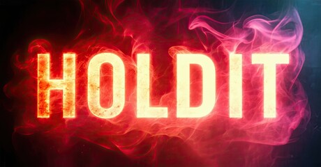 Fototapete - Bright text reads HOLDIT against dark background. Fiery, smoky effects surround letters, creating dramatic visual impact. Bold typography dominates composition.