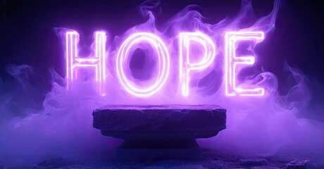 Poster - Bright purple neon sign spells hope. Smoke surrounds glowing letters resting upon dark stone pedestal. Dramatic lighting creates intense mood.