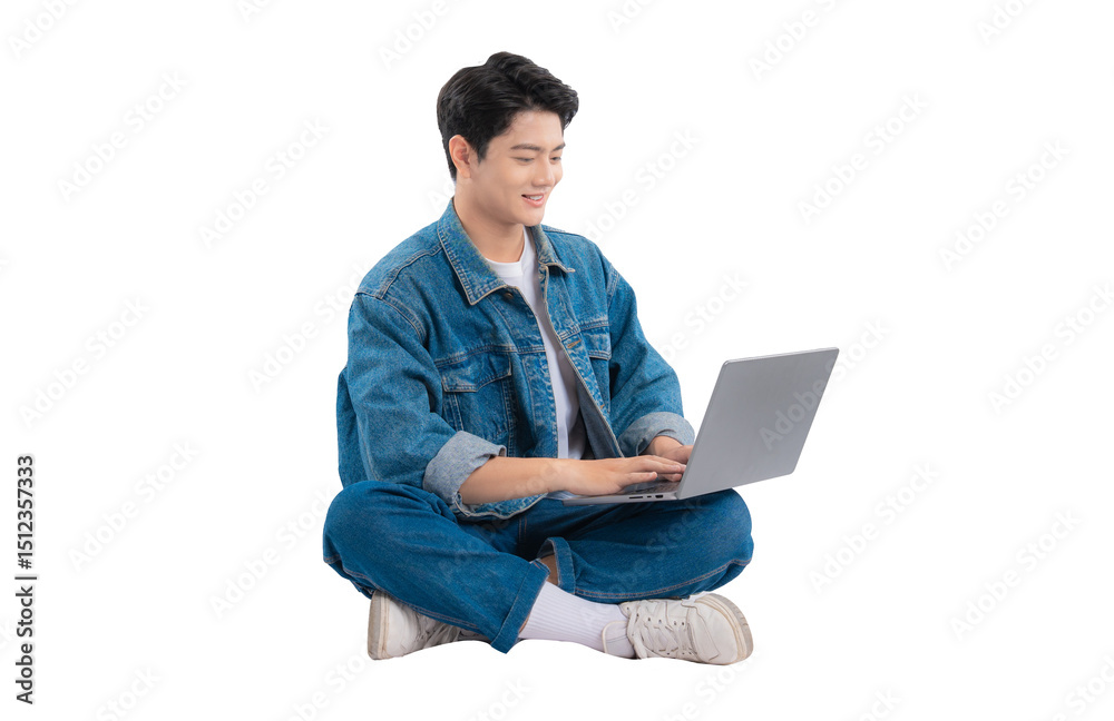 Full body image of Asian guy using laptop on png background Stock Photo ...