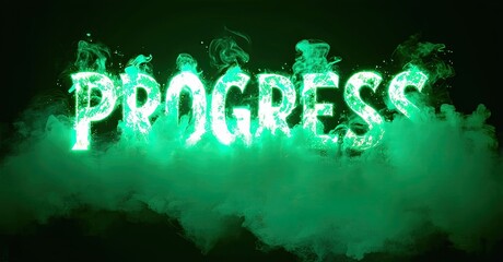 Aufkleber - Bright green word progress emerges from dark smoke. Dramatic lighting creates intense visual impact. Text glows vividly.