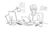 © Rahanss - Elderly woman reviews documents at office desk workspace computer lamp stationery illustration lineart design