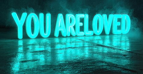 Fototapete - Bright neon sign displays positive message. Dark background enhances glowing text, creating dramatic effect. Reflections visible.
