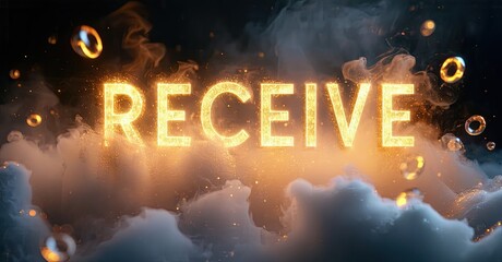 Aufkleber - Glowing text spells RECEIVE amid swirling smoke, sparks, dark background. Dramatic lighting creates intense visual impact.
