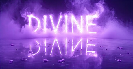 Aufkleber - Purple neon sign spelling DIVINE reflected on wet surface. Smoke fills background creating dramatic effect. Intense lighting.
