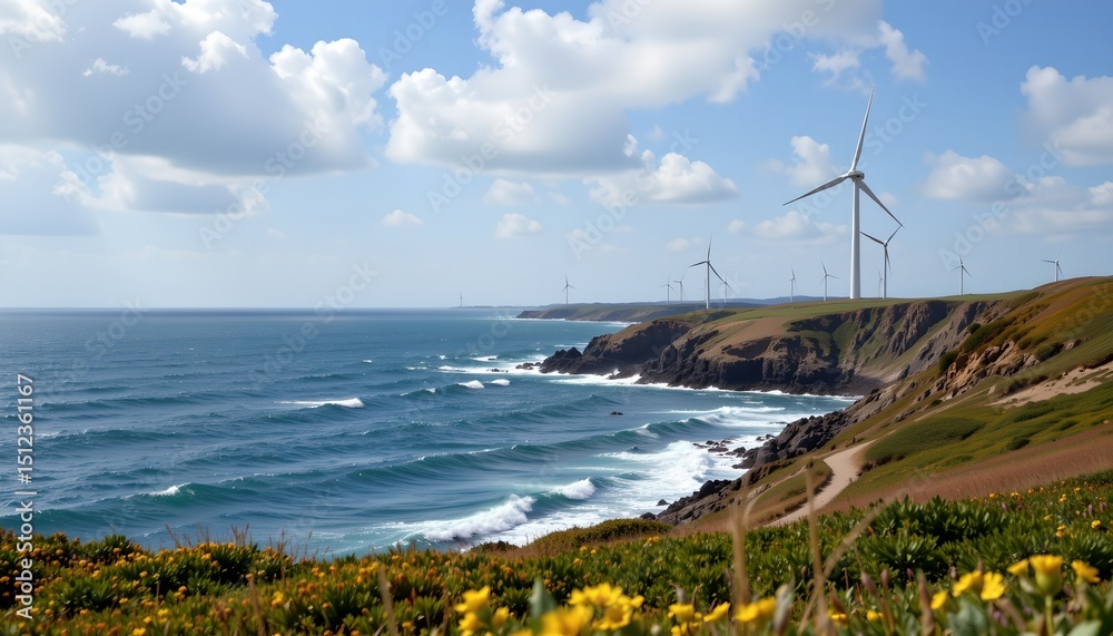 Ponent Beautiful coastal landscape view with wind turbines generating power ...