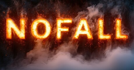 Fototapete - Fiery text spells NOFALL amid smoke, dramatic lighting creates intense visual impact. Bold letters dominate dark background.