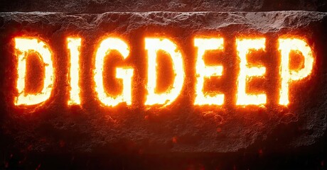Poster - Fiery text reads DIGDEEP over dark stone background. Intense glow suggests heat, depth, excavation. Dramatic lighting creates strong visual impact.