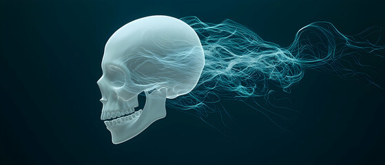 Poster - Digital Illustration Of A 3D Skull With Teal Particles